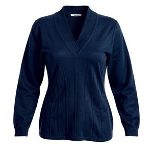 Black v neck wool sweater with vertical stitching detail around waist.